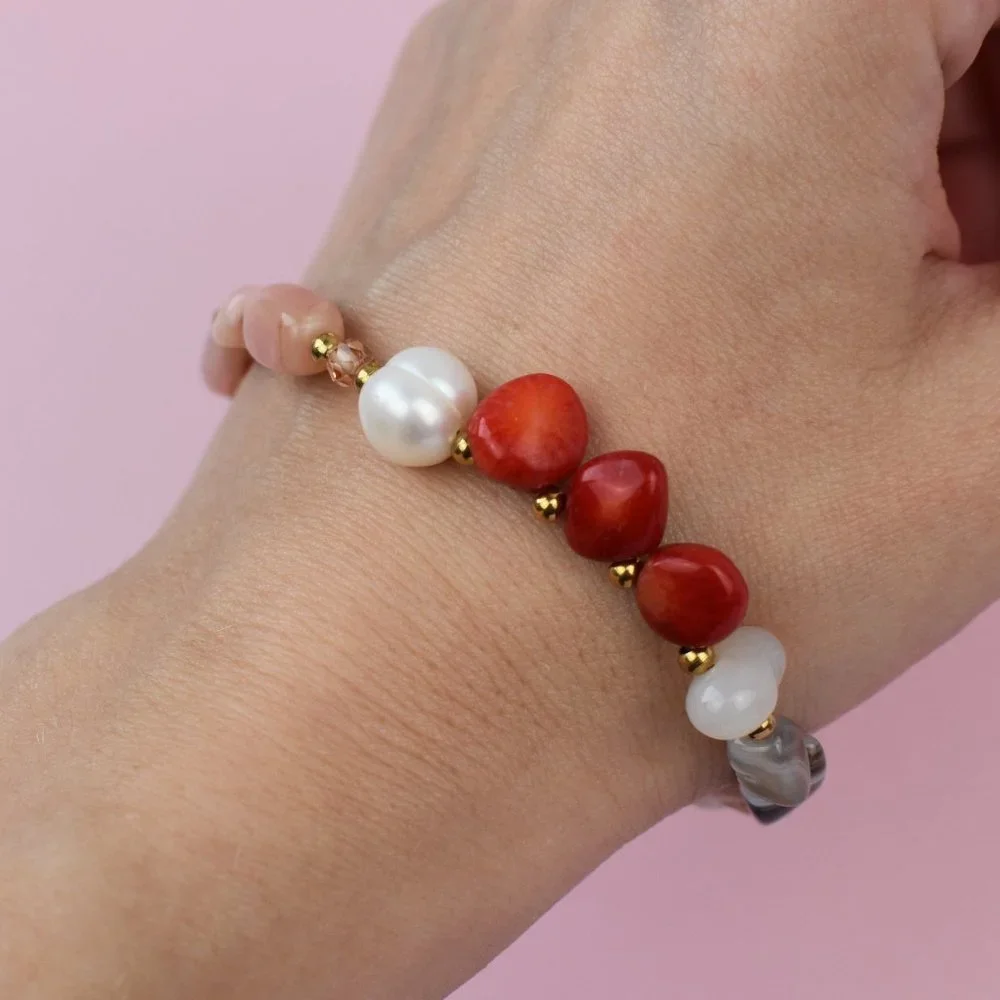 Mismatched beaded bracelet, red coral and pearl bracelet handmade